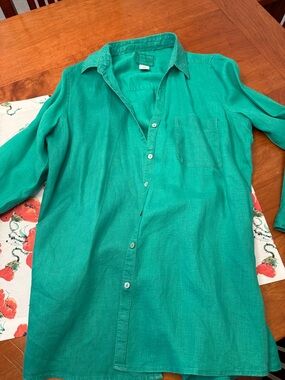 Sigrid Olsen Teal-Green Casual Button-Down linen shirt